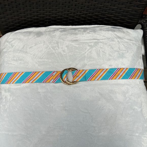 Vintage Ralph Lauren 90s Preppy Cloth Belt Blue Teal Yellow Striped Double Ring - Picture 2 of 6